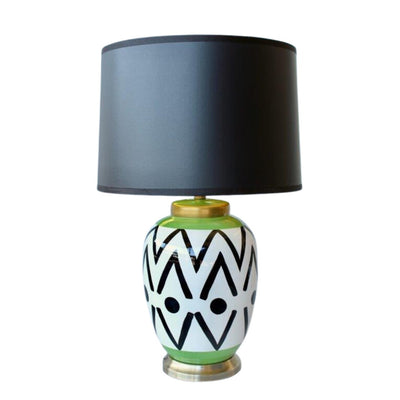 Black, green & white detail lamp base black shade 65x41cm   Introducing our newest addition to the Unique Interiors collection, the black, green, and white detail lamp base with a black shade. Standing at an impressive 65cm tall and 41cm in diameter, this lamp base is made of the highest quality ceramic and crafted to perfection.