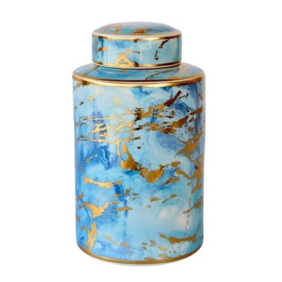 Blue and gold marbled jar with lid  Bring in blue and gold into your home and see how this colour statement changes everything.