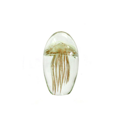 The Octo 12cm is a handmade, clear glass shape that stands at 12cm with a diameter of 7cm and a circumference of 22cm. Adorned with a fascinating jellyfish shape in frosted gold and spun copper tentacles, it is truly a sight to behold. With its stunning design, this product is sure to add a touch of beauty to any space.UNIQUE INTERIORS.