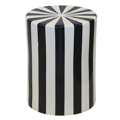 GARDEN STOOL STRIPE BLACK & WHITE 44CM (H) X 36CM (D)  Introducing the GARDEN STOOL STRIPE, a stylish and versatile addition to any outdoor space. With its black and white stripes, this 44cm tall and 36cm wide stool adds a touch of modern elegance. Use it as a seat, side table, or plant stand - the possibilities are endless.  Delivery 5 to 7 working days