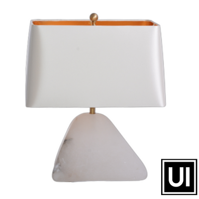 Lamp table with shade lamp - alabaster and brass finish shade - cream satin lamp size - 34 x 17 x 39 cm shade size - 23 x 42 x 26 cm ** alabaster is a natural product and variations may occur  Unique Interiors