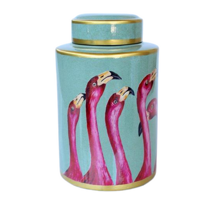 GREEN & PINK FLAMINGO JAR WITH LID 28X17CM Delivery 5 to 7 working days