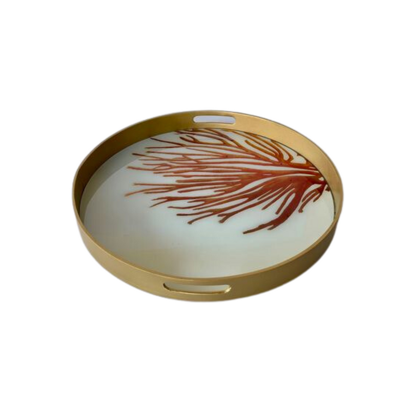 Bring some exotic island vibes to your decor with this fabulous coral glass tray! With its medium round shape and gleaming gold edge, it&