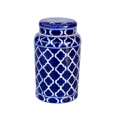 This Large Geo Blue & White Jar with Lid is the perfect addition to your home decor. With a size of 28X16CM, it provides ample storage space while also adding a touch of elegance to any room. Its sleek and stylish design is sure to impress. UNIQUE INTERIORS.