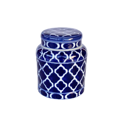 This Medium Geo Blue &amp; White Jar with Lid is the perfect addition to your home decor. With a size of 20X16CM&nbsp; , it provides ample storage space while also adding a touch of elegance to any room. Its sleek and stylish design is sure to impress.unique Interiors.