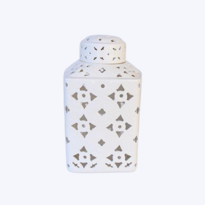 Large White Cut-Out Square Jar with Lid 39 X 22 X 22 CM
