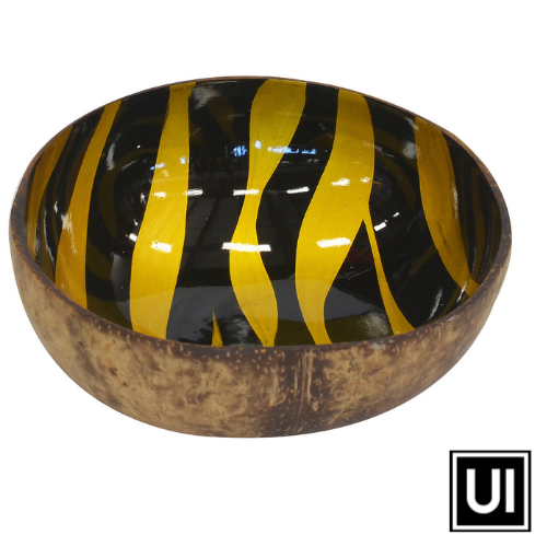 Mop coconut bowl zebra yellow  15CM X 6CM  A splash of color with our cute coconut bowls  Glossy finish. perfect for hosting and serving.  Unique Interiors