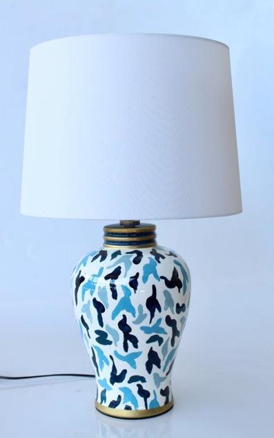 Navy & blue design lamp base off white shade 65x41cm