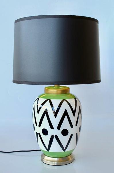 BLACK, GREEN & WHITE DETAIL LAMP BASE BLACK SHADE 65X41CM