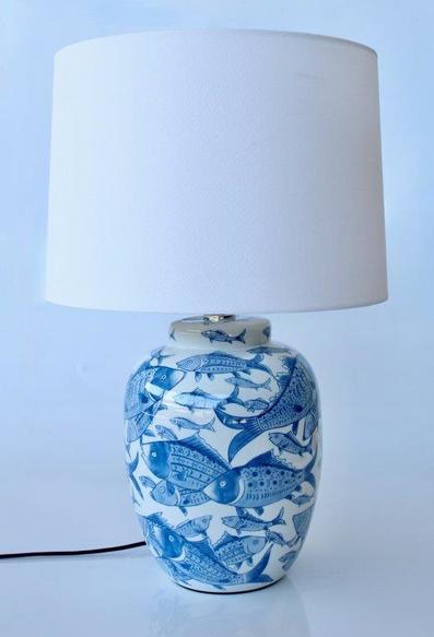 Blue & white fish lamp base off white shade 605x46cm