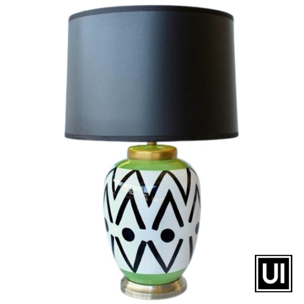 Black, green & white detail lamp base black shade 65x41cm   Introducing our newest addition to the Unique Interiors collection, the black, green, and white detail lamp base with a black shade. Standing at an impressive 65cm tall and 41cm in diameter, this lamp base is made of the highest quality ceramic and crafted to perfection.  The base features intricate black, green, and white detailing, creating a unique and eye-catching design that will elevate any room in your home. 