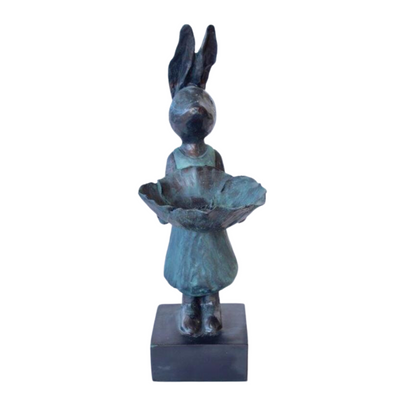  Description BLUE BRONZE BUNNY BIRD FEEDER 48X15X17CM Delivery 5 to 7 working days This weather-resistant feeder will provide wild birds with a safe place to get food for up to five days, making it the perfect choice for busy bird lovers.      