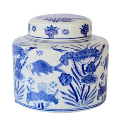 Blue fish jar with lid  Bring in the ocean and blue colour with this beautiful jar.   Size:  17X19cm