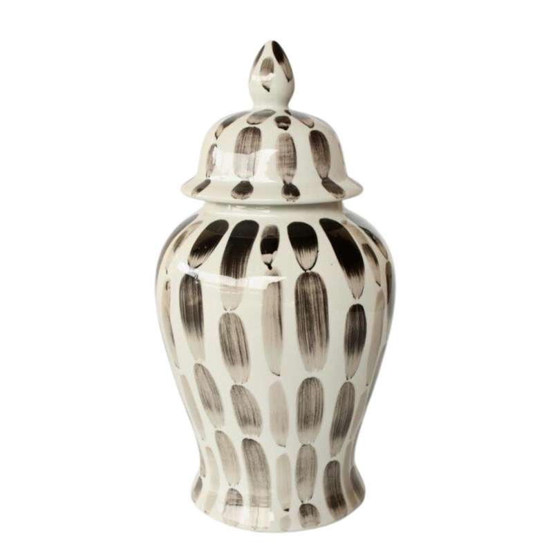 Introducing our Black Stripe Ginger Jar from Unique Interiors, a beautiful piece that will add a touch of sophistication to any space in your home. This jar is expertly handcrafted to perfection, ensuring the highest quality of craftsmanship.