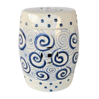 This beautiful ceramic garden stool with its blue and white circle pattern adds a unique touch of elegance to any outdoor or indoor space. Crafted from durable ceramic, this piece can stand up to the elements with ease and provides 43x30cm of seating space.  Unique Interiors lifestyle