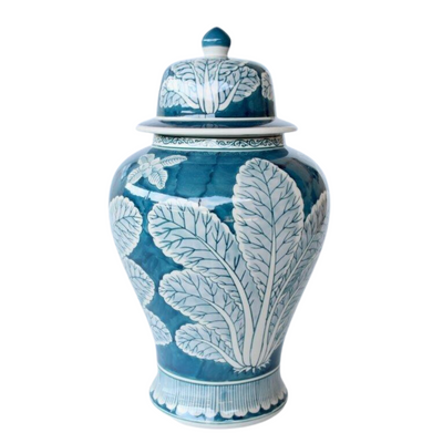 Blue and white leaf design ginger jar  Table Decor