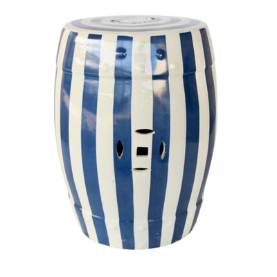 This elegant blue and white striped garden stool is an ideal piece of furniture for both indoor and outdoor use. It measures 46x32cm and is designed to be both stylish and durable. Perfect for adding a touch of sophistication to any garden.  Unique Interiors lifestyle
