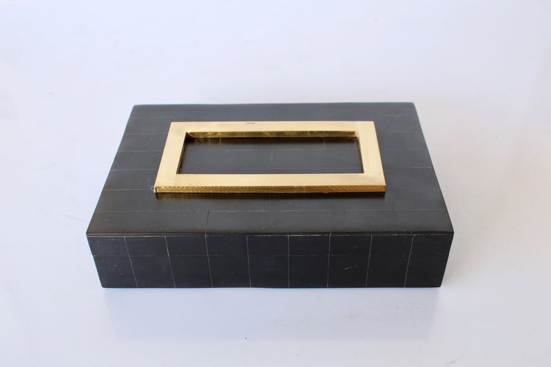 OBLONG BONE BLACK BOX WITH GOLD TRIM 5X23X15CM