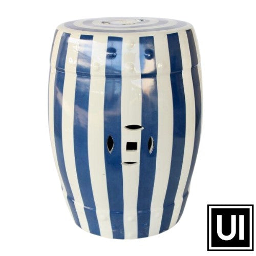 This elegant blue and white striped garden stool is an ideal piece of furniture for both indoor and outdoor use. It measures 46x32cm and is designed to be both stylish and durable. Perfect for adding a touch of sophistication to any garden.  Unique Interiors lifestyle 
