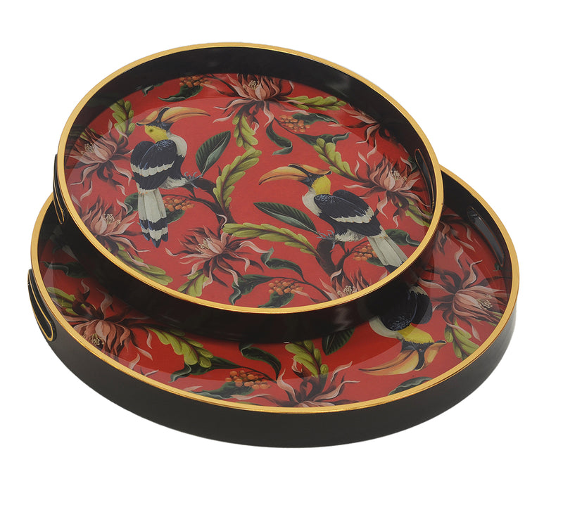 GLASS TRAY ROUND RED TOUCAN SET OF 2