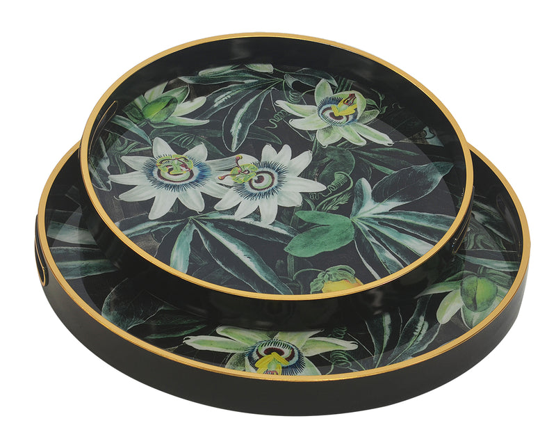 GLASS TRAY ROUND PASSION FLOWER SET OF 2