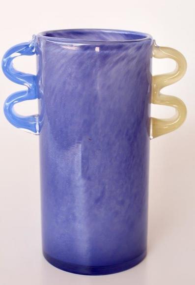 PURPLE GLASS VASE BLUE, YELLOW HANDLES 25X20X12.5CM