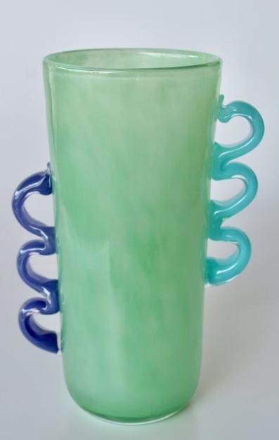 TALL GREEN GLASS VASE PURPLE, BLUE HANDLES 30X19X14CM