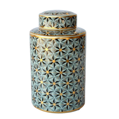 Green black and gold geometric design jar with lid.  Bring in blue and gold into your home and see how this colour statement changes everything. 
