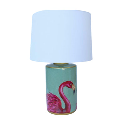 Looking for a statement piece to brighten up your living space? Look no further than our Green & Pink Flamingo Lamp Base with Off-White Shade! unique interiors 