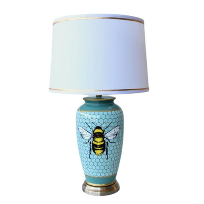 Blue honey comb bee lamp base white shade gold trim 68x40cm unique interiors 