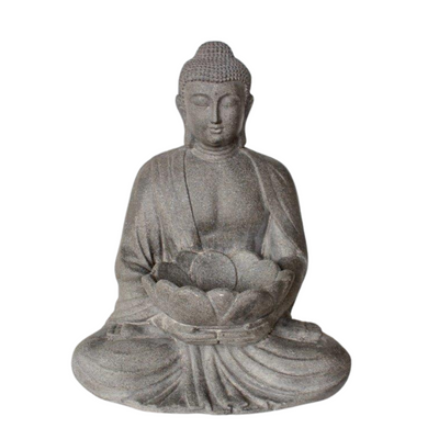 GREY BUDDHA HOLD LOTUS FLOWER 51X39CM Expertly crafted with a grey finish, this 51x39cm statue depicts Buddha holding a delicate lotus flower. The perfect addition to any meditation space or home decor, it offers a peaceful reminder of mindfulness and inner peace. Let its serene presence inspire and uplift your surroundings.  Delivery fee 5 to 7 working days