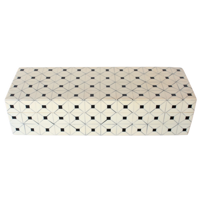 RECT. GEOMETRIC BONE BOX OBLONG 8X30.5X10.5CM This oblong bone box features a sleek rectangular shape and geometric design. Measuring 8x30.5x10.5cm, it offers ample storage space while adding a modern touch to any room. Made with high-quality materials, it is both durable and stylish. Keep your belongings organized and elevate your decor with this unique bone box.     Delivery 5 to 7 working days