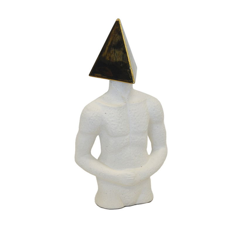 CERAMIC FIGURINE TRIANGLE HEAD (35CM H) This 35cm tall ceramic figurine features a unique triangle head design. Made from high-quality ceramic materials, it adds a touch of modern art to any space. Its sleek and contemporary design is sure to be a conversation starter and will make a stylish addition to your home decor.    Delivery 5 to 7 working days