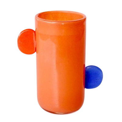 ORANGE GLASS VASE BLUE, ORANGE HANDLES 24X20X12CM Expertly crafted, this ORANGE GLASS VASE BLUE boasts unique ORANGE HANDLES for added style. Measuring 24X20X12CM, this stunning vase is the perfect addition to any home decor. Elevate your space with its vibrant colors and eye-catching design.  DELIVERY 5 to 7 working