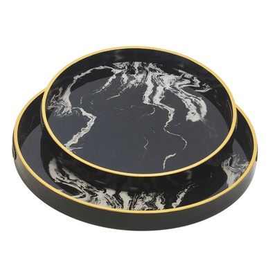 GLASS TRAY ROUND BLACK INK Set of 2 Elevate your hosting game with our GLASS TRAY ROUND BLACK INK Set of 2. Crafted with precision and sophistication, these glass trays add a touch of elegance to any occasion. Perfect for serving appetizers, desserts, or displaying décor. Enhance your dining experience and impress your guests with this stylish set.     Delivery 5 to 7 working days