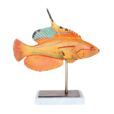 MEDIUM ORANGE FISH ON MARBLE BASE ORNAMENT 27X25X8CM. This medium-sized ornament features a vibrant orange fish displayed on a sleek marble base. Measuring at 27x25x8cm, it adds a pop of color and elegance to any space. Perfect for fish enthusiasts and those looking to add a unique touch to their decor.  DELIVERY 5 to 7 working