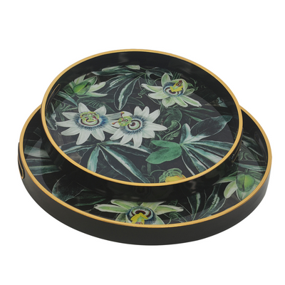 GLASS TRAY ROUND PASSION FLOWER S/2 This set of 2 round glass trays features a lovely passion flower design, making it a beautiful addition to your home decor. Crafted with high-quality materials, these trays are both functional and decorative. Perfect for entertaining or displaying your favorite trinkets with style.  45CM X 45CM X 4CM  35CM X 35CM X 4CM     Delivery 5 to 7 working days   