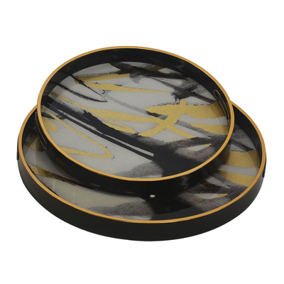 GLASS TRAY ROUND GRAFFITI SET OF 2 This set of two round glass trays features colorful graffiti designs. Perfect for serving snacks or displaying trinkets, these trays add a pop of personality to any space. Crafted from sturdy glass, they are also durable and easy to clean. Elevate your decor with these unique trays.  45CM X 45CM X 4CM  35CM X 35CM X 4CM     Delivery 5 to 7 working days