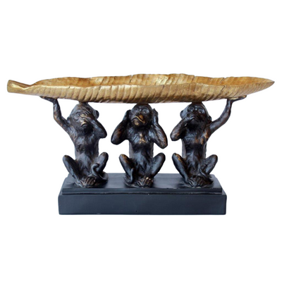 LARGE 3 MONKEY WITH GOLD LEAF TRAY ORNAMENT 25X52X13CM Add a touch of luxury to your home with our LARGE 3 MONKEY WITH GOLD LEAF TRAY ORNAMENT. Crafted with intricate details and measuring 25X52X13CM, this elegant piece is the perfect addition to any room. Made to impress, it's a must-have for those looking to elevate their decor.  DELIVERY 5 to 7 working