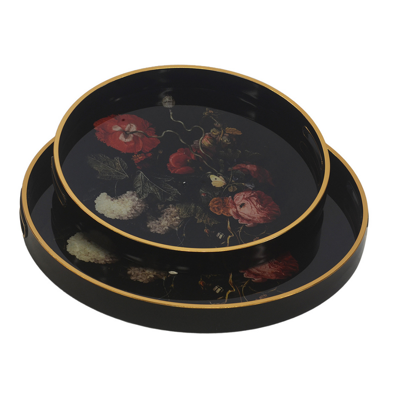 GLASS TRAY ROUND DUTCH FLOWER SET OF 2 Expertly crafted with beautiful Dutch flower designs, this set of 2 glass trays is perfect for serving or displaying items at your next gathering. Made from high-quality glass, the trays are durable and elegant. Add a touch of sophistication to your entertaining with this stunning set.  45CM X 45CM X 4CM  35CM X 35CM X 4CM     Delivery 5 to 7 working days   