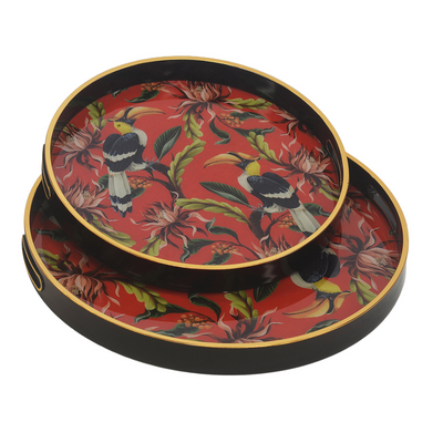 GLASS TRAY ROUND RED TOUCAN SET OF 2 Expertly crafted with sleek glass, this set of two round trays in a vibrant red Toucan design adds a touch of elegance to any space. Perfect for serving appetizers, desserts, or as a decorative centerpiece, these trays are a must-have for entertaining and everyday use. Elevate your hosting game with this exquisite set.  45CM X 45CM X 4CM  35CM X 35CM X 4CM     Delivery 5 to 7 working days