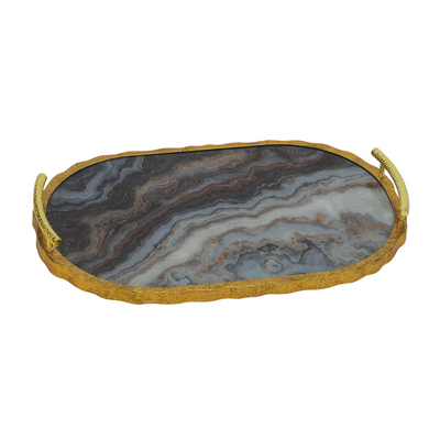 GLASS PLATTER OVAL AGATE CLOUD This oval glass platter features a stunning agate cloud design, making it a unique and stylish addition to any home. The high-quality glass construction ensures durability and functionality, while the agate design adds a touch of natural beauty. Perfect for serving appetizers, desserts, or as a decorative piece.   57CM X 34CM X 5CM  Delivery 5 to 7 working days
