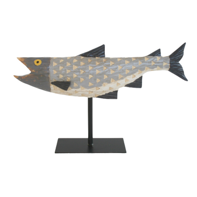 LARGE GREY FISH ON STAND 31X47CM Add a touch of coastal charm to your home with our LARGE GREY FISH ON STAND DCOR. Measuring 31x47cm, this hand-painted fish statue stands tall on a sturdy stand, creating a striking visual. Made with high-quality materials, it's a durable and stylish addition to any space. Transform your living space into a tranquil ocean oasis with this beautiful piece.    DELIVERY 5 to 7 working
