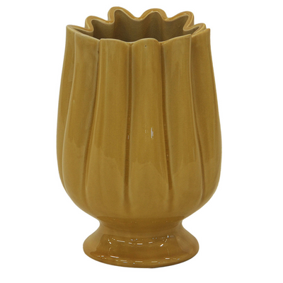 CERAMIC FLUTED CHALICE YELLOW/MUSTARD TALL 20CM (H) X 13 (D)  Expertly crafted with a fluted design, our Ceramic Chalice adds a touch of elegance to any table setting. The tall and sleek shape measures 20cm in height and 13cm in diameter, making it perfect for holding a generous serving of your favorite beverages. Enhance your dining experience with this stunning piece.  Delivery 5 to 7 working days