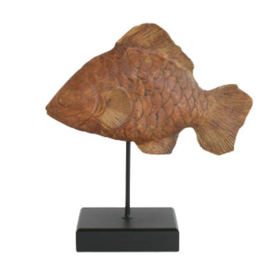 WOODEN FISH ON STAND 36X34CM    This handcrafted wooden fish on stand measures 36x34cm and adds a unique touch to your home decor. Made with high-quality wood, it exudes a timeless and natural beauty. A perfect combination of functionality and aesthetics.     DELIVERY 5 to 7 working