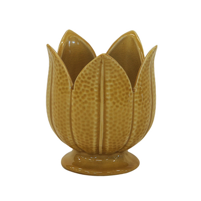 CERAMIC PETAL VASE YELLOW/MUSTARD SMALL 15CM (H) X 13CM (D)  Expertly handcrafted, this ceramic vase boasts a unique petal design in a vibrant yellow and mustard color. With a 15cm height and 13cm diameter, it's the perfect size for displaying your favorite flowers. Elevate your home decor with this elegant and modern vase.  Delivery 5 to 7 working days