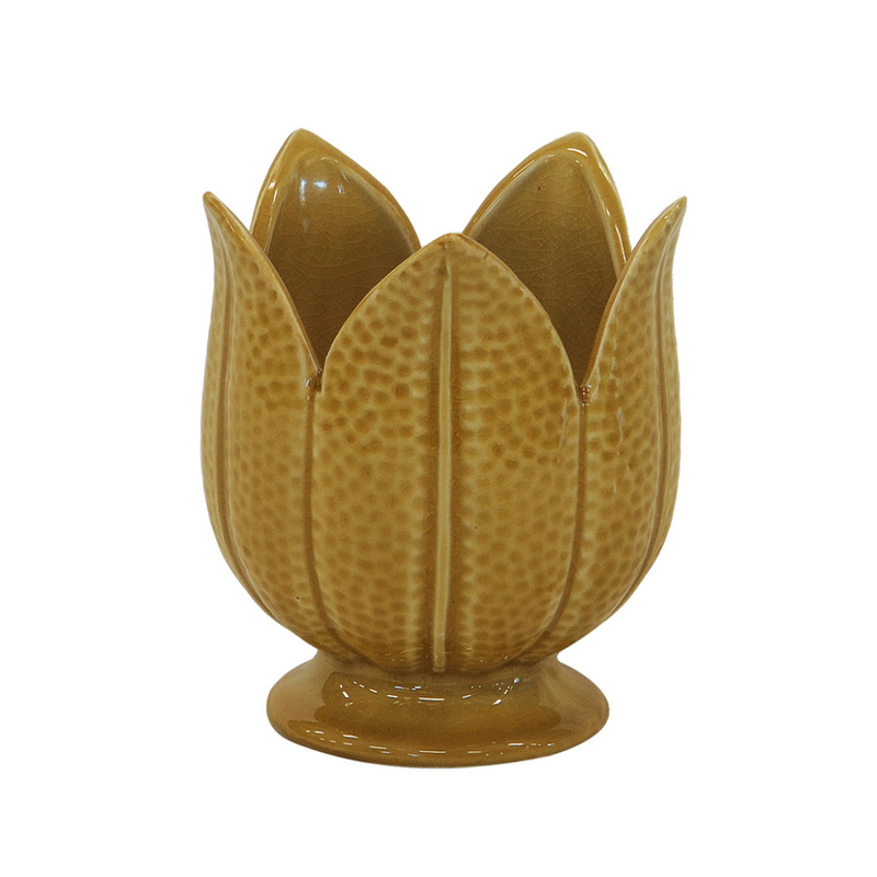 CERAMIC PETAL VASE YELLOW/MUSTARD SMALL 15CM (H) X 13CM (D)  Expertly handcrafted, this ceramic vase boasts a unique petal design in a vibrant yellow and mustard color. With a 15cm height and 13cm diameter, it&