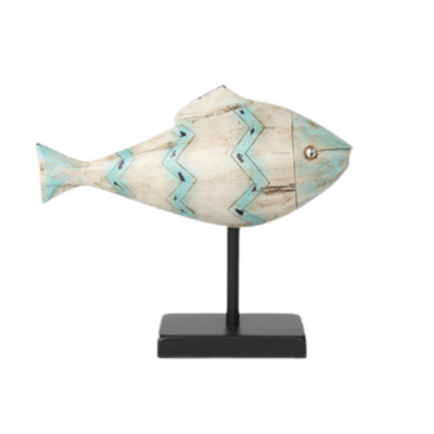 BLUE ZIGZAG FISH ON STAND 28X33CM Add a pop of color to your home decor with our Blue Zigzag Fish on Stand. Crafted with vibrant blue hues, this 28x33cm decorative piece brings a coastal vibe to any room. Made with high-quality materials, it is durable and long-lasting. Perfect for fish lovers and those who appreciate unique, eye-catching decor.  Delivery 5 to 7 working days