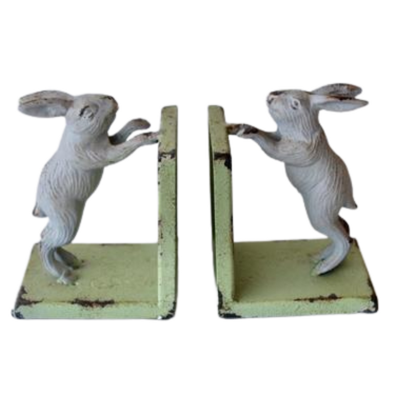PAIR OF CAST IRON GREEN & GREY BUNNY BOOKENDS 15X22.5X9CM