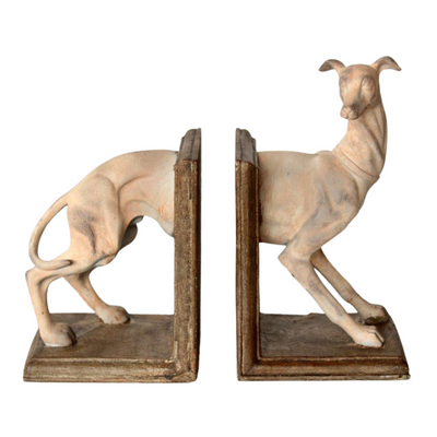 PALE WHIPPET PAIR OF BOOKENDS 28X30X12CM Elevate your bookshelf with these elegant PALE WHIPPET PAIR OF BOOKENDS. Measuring 28X30X12CM, these bookends are both stylish and sturdy, keeping your books in place while adding a touch of sophistication to your decor. Made with high-quality materials, these bookends are a must-have for any book lover or interior design enthusiast.  Delivery fee 5 to 7 working days